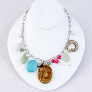 Vintage Sterling Silver 925 Turquoise Pearl Cameo Charm Necklace 17”-19”